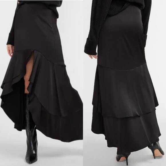 NWT Express Black Satin Ruffle Flounce High Low Maxi Skirt - Picture 1 of 7